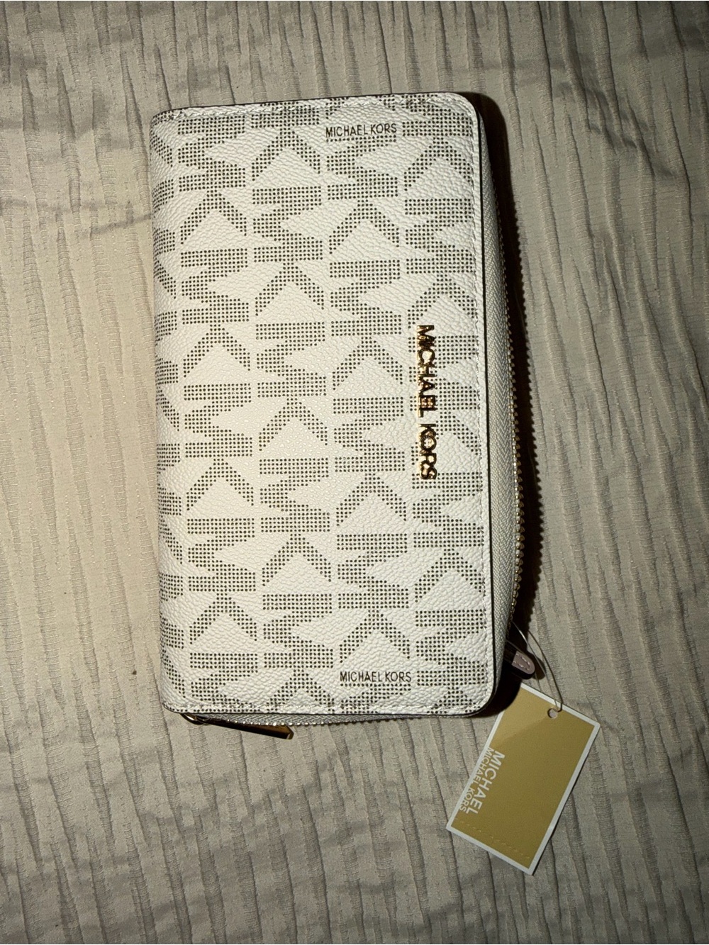 Michael Kors White Logo Zip-Around Wallet with Gold Hardware